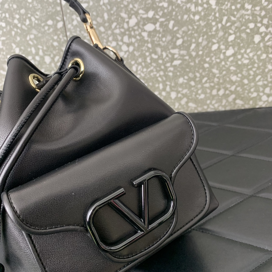 Valentino Garavani Loco Bucket Bag in Black Calfskin Leather